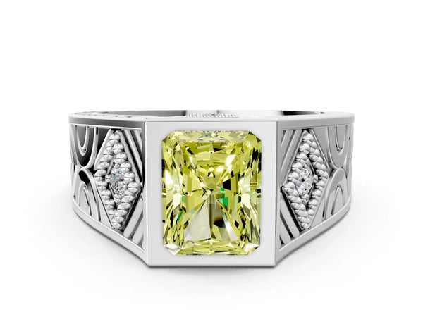 Silver Hexagonal Bezel Fancy Yellow Radiant Cut Diamond Engraved Band Prong Ring