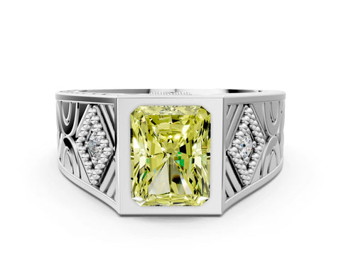 Silver Hexagonal Bezel Fancy Yellow Radiant Cut Diamond Engraved Band Prong Ring_6