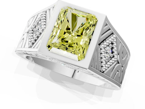 Silver Hexagonal Bezel Fancy Yellow Radiant Cut Diamond Engraved Band Prong Ring_7