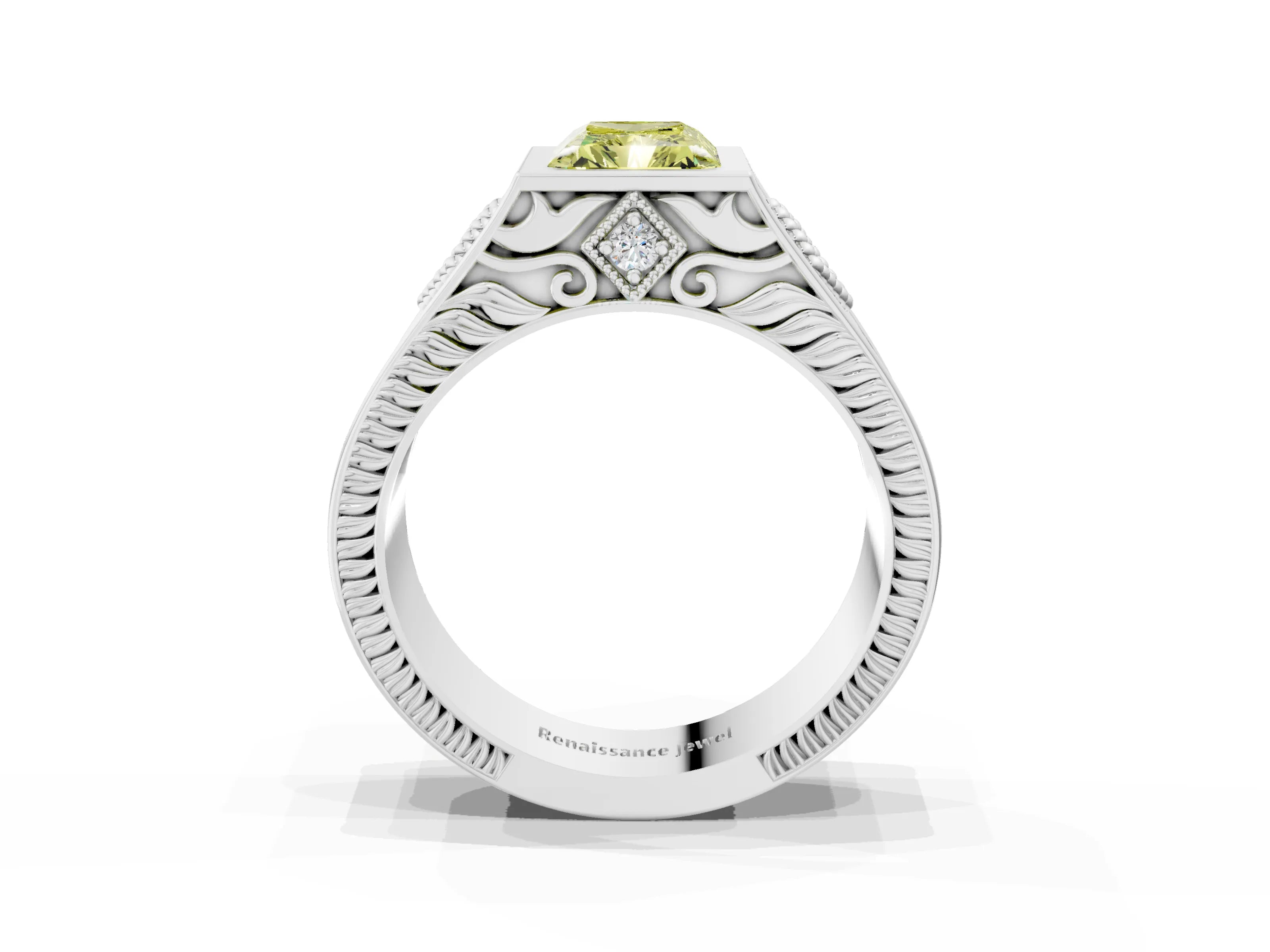Silver Hexagonal Bezel Fancy Yellow Radiant Cut Diamond Engraved Band Prong Ring_9