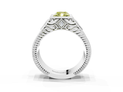 Silver Hexagonal Bezel Fancy Yellow Radiant Cut Diamond Engraved Band Prong Ring_9