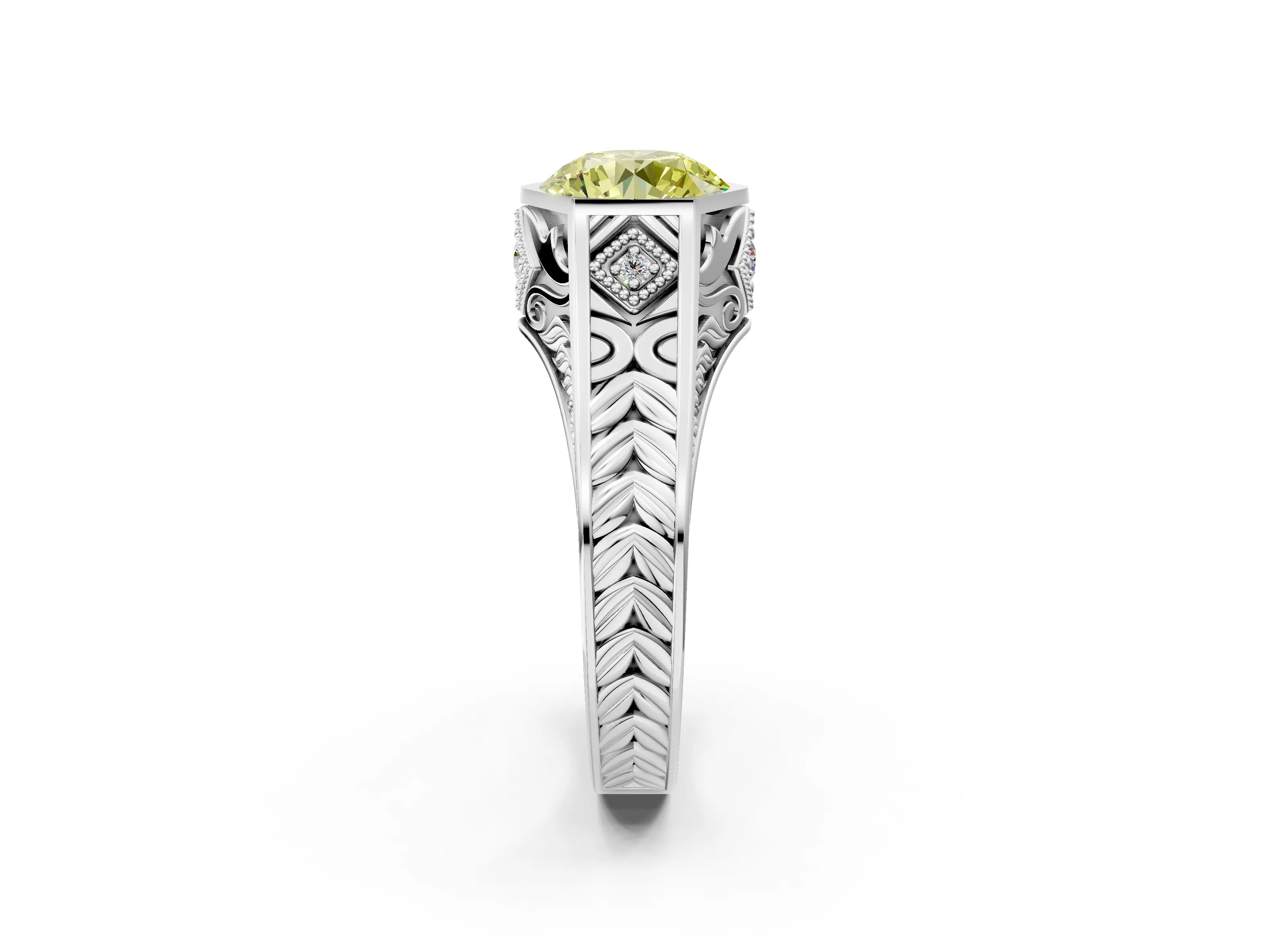 Silver Hexagonal Bezel Fancy Yellow Round Cut Diamond Engraved Band Prong Ring_14