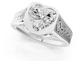 Silver Hexagonal Bezel Heart Diamond Engraved Band Prong Ring_7