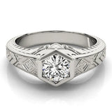 Silver Hexagonal Bezel Heart Diamond Engraved Band Ring 2