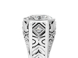 Silver Hexagonal Bezel Oval Diamond Engraved Band Prong Ring_11