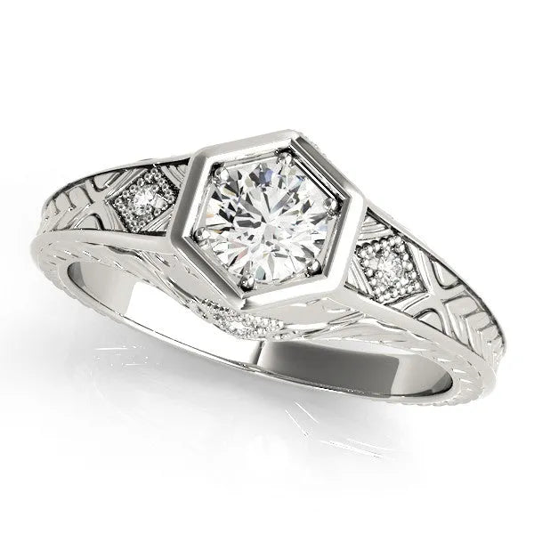 Silver Hexagonal Bezel Pear Diamond Engraved Band Prong Ring