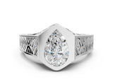 Silver Hexagonal Bezel Pear Diamond Engraved Band Prong Ring_6