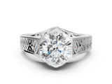 Silver Hexagonal Bezel Round Diamond Engraved Band Prong Ring_14