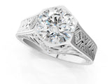 Silver Hexagonal Bezel Round Diamond Engraved Band Prong Ring_15