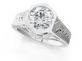 Silver Hexagonal Bezel Round Diamond Engraved Band Ring_15