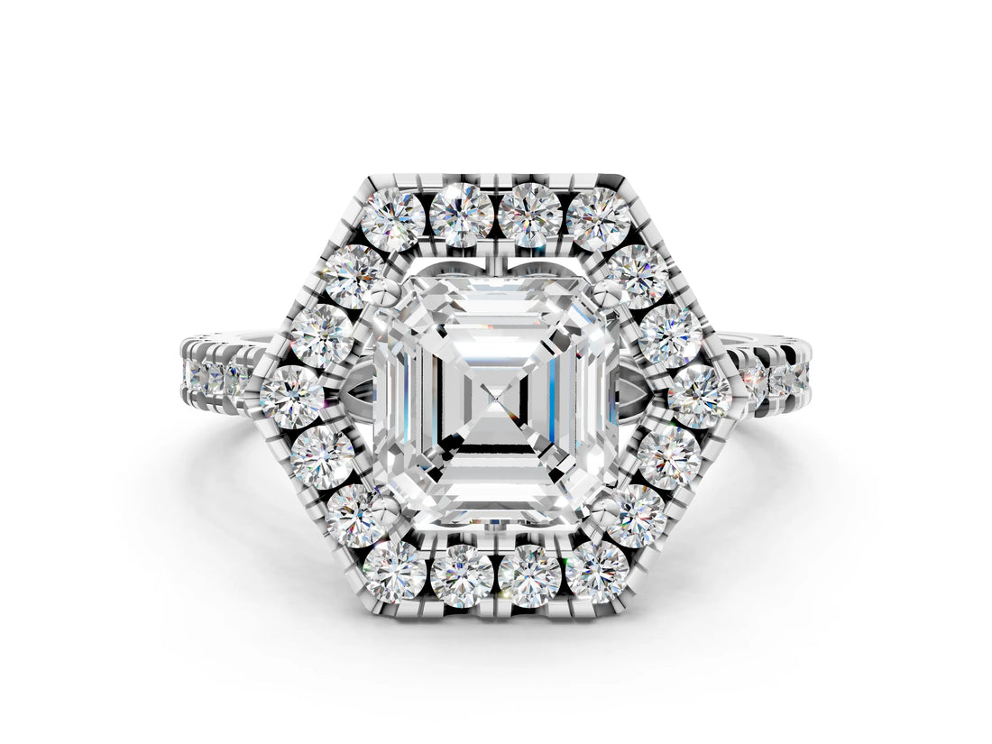 Silver Hexagonal Halo Asscher Cut Diamond Pavé Band with Four-Prong Setting_3
