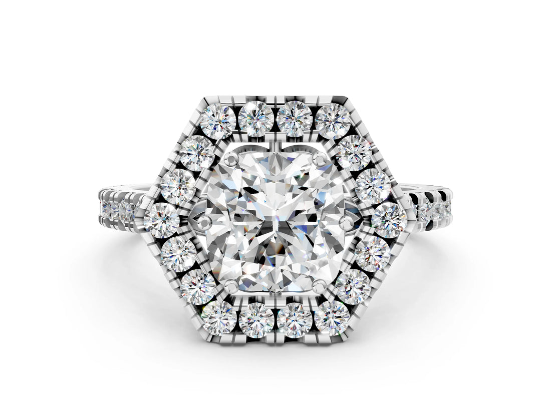 Silver Hexagonal Halo Cushion Cut Diamond Pavé Band with Four-Prong Setting_3