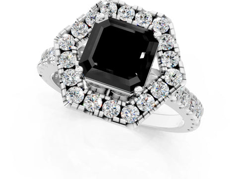 Silver Hexagonal Halo Fancy Black Asscher Cut Diamond Pavé Band with Four-Prong Setting_13