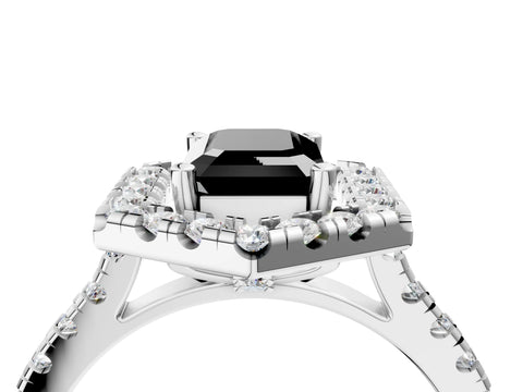 Silver Hexagonal Halo Fancy Black Emerald Cut Diamond Pavé Band with Four-Prong Setting_10