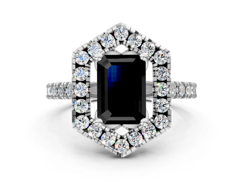 Silver Hexagonal Halo Fancy Black Emerald Cut Diamond Pavé Band with Four-Prong Setting_6