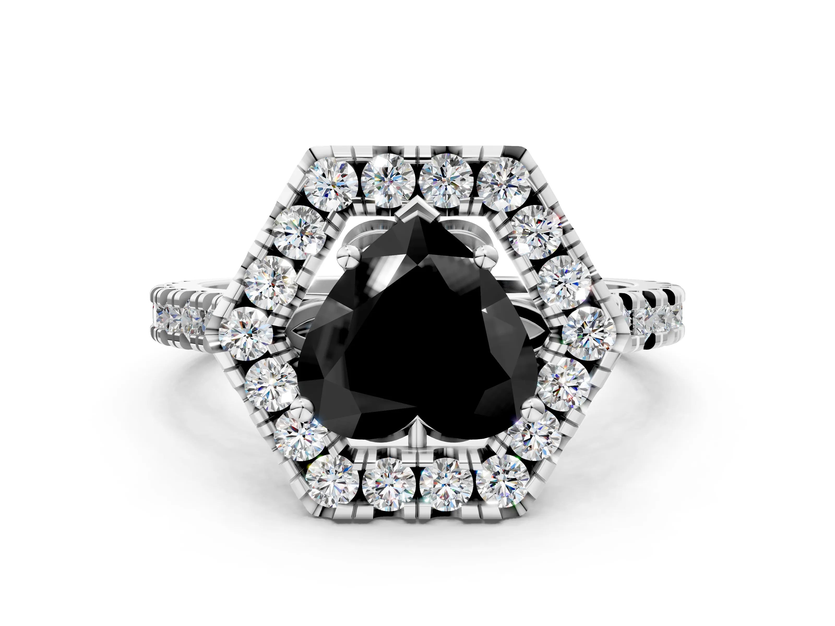 Silver Hexagonal Halo Fancy Black Heart Cut Diamond Pavé Band with Four-Prong Setting_12