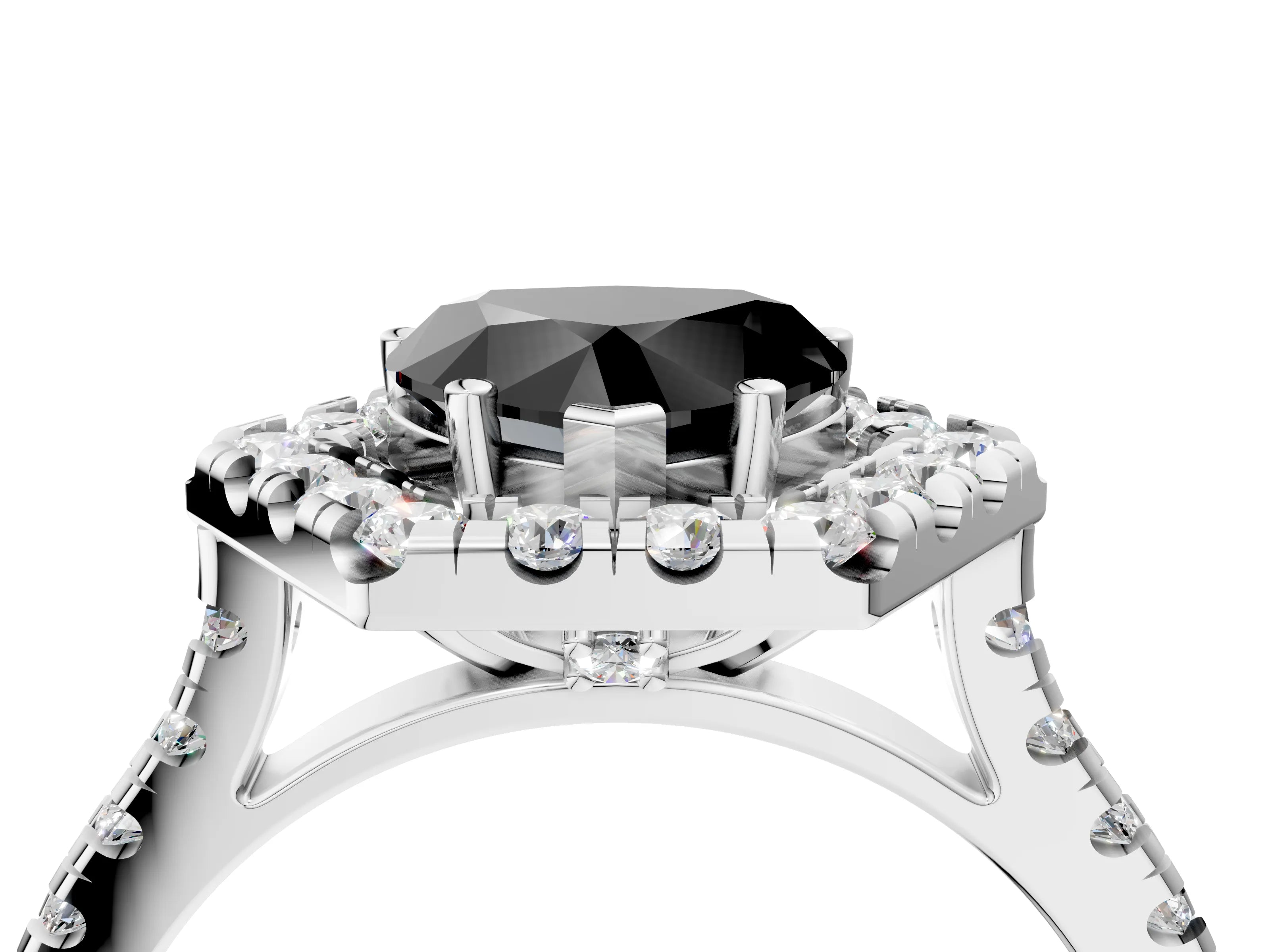 Silver Hexagonal Halo Fancy Black Heart Cut Diamond Pavé Band with Four-Prong Setting_16