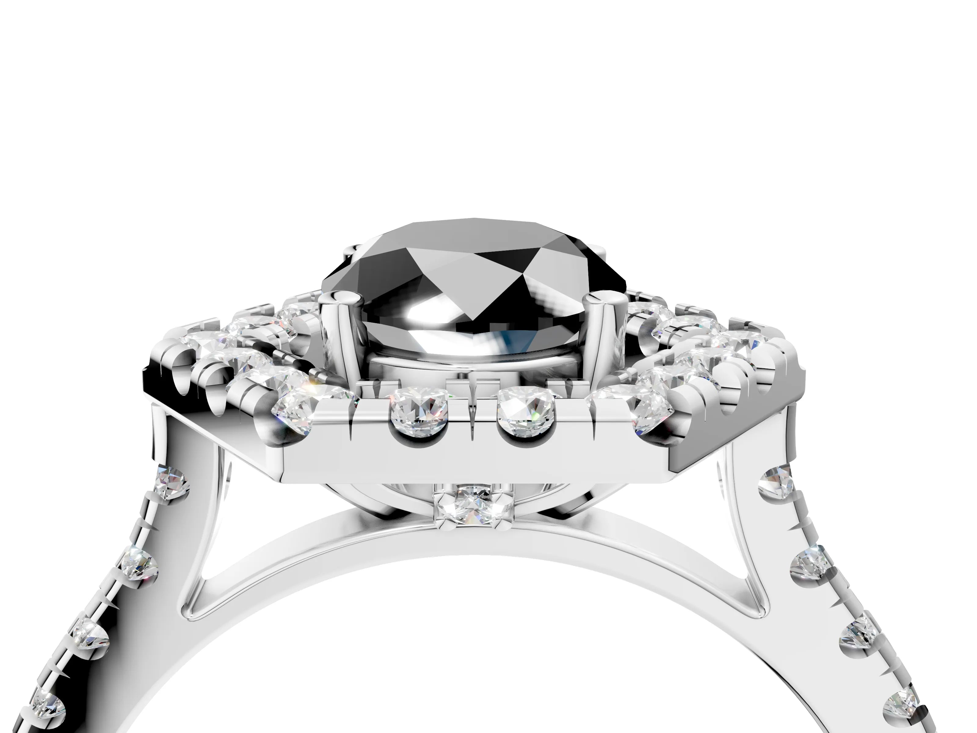 Silver Hexagonal Halo Fancy Black Oval Cut Diamond Pavé Band with Four-Prong Setting_10