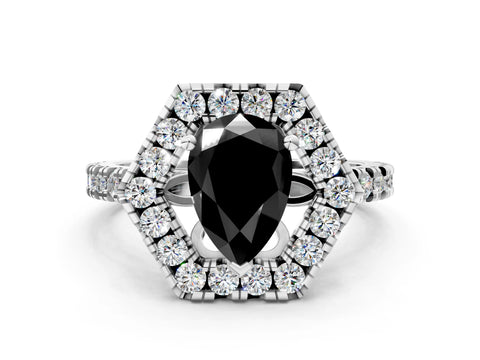 Silver Hexagonal Halo Fancy Black Pear Cut Diamond Pavé Band with Four-Prong Setting_12