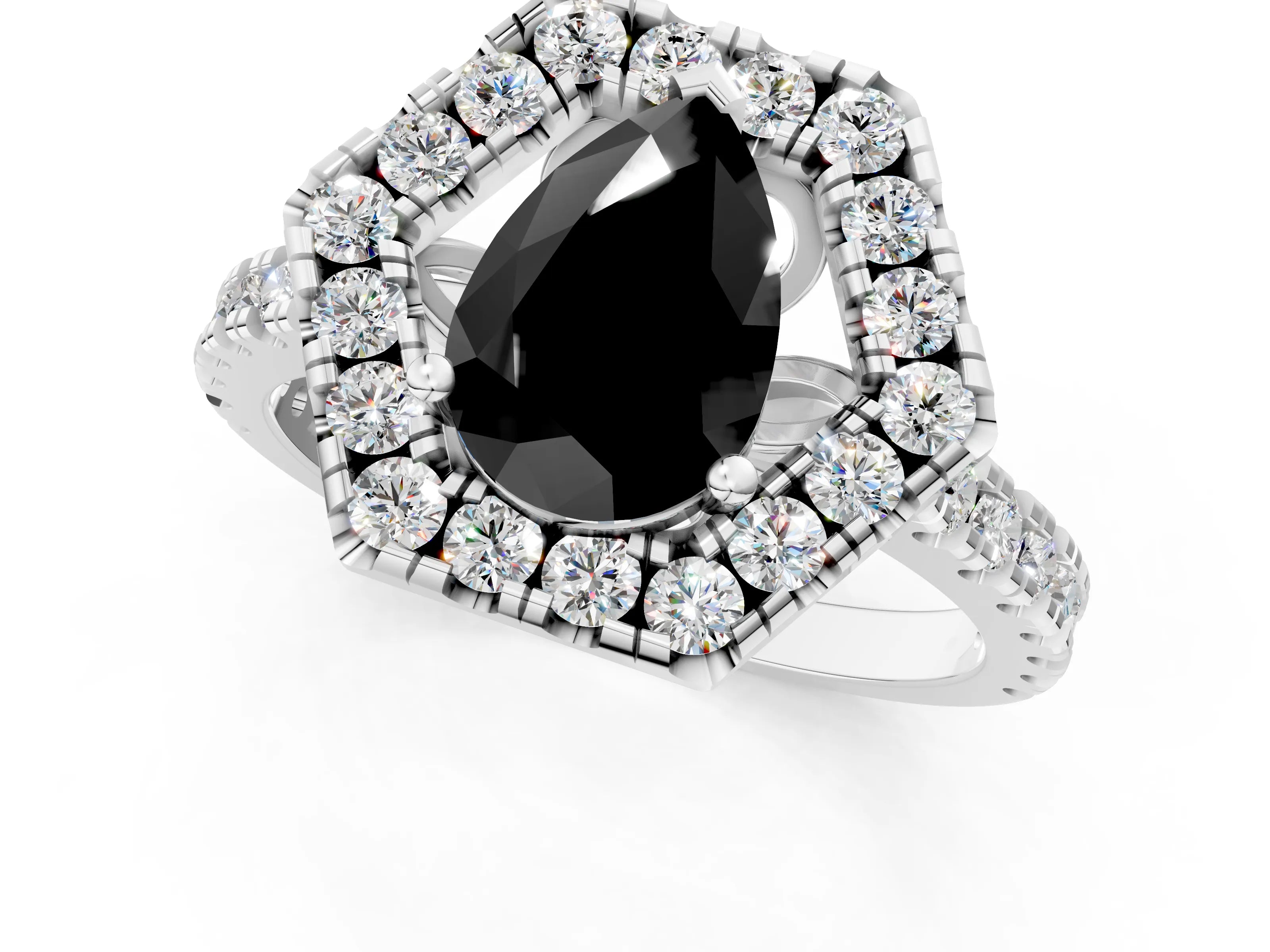 Silver Hexagonal Halo Fancy Black Pear Cut Diamond Pavé Band with Four-Prong Setting_13