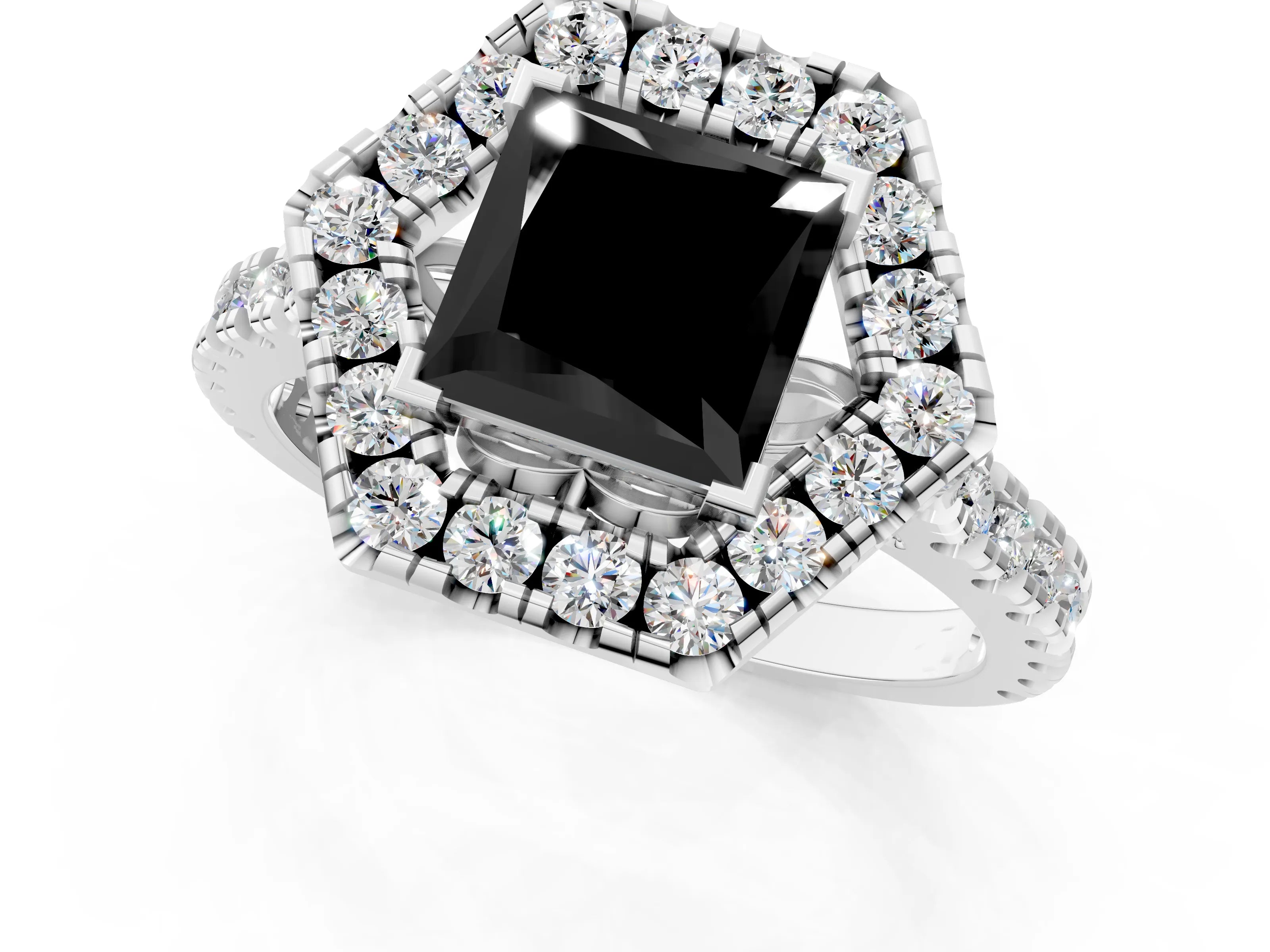 Silver Hexagonal Halo Fancy Black Princess Cut Diamond Pavé Band with Four-Prong Setting_13