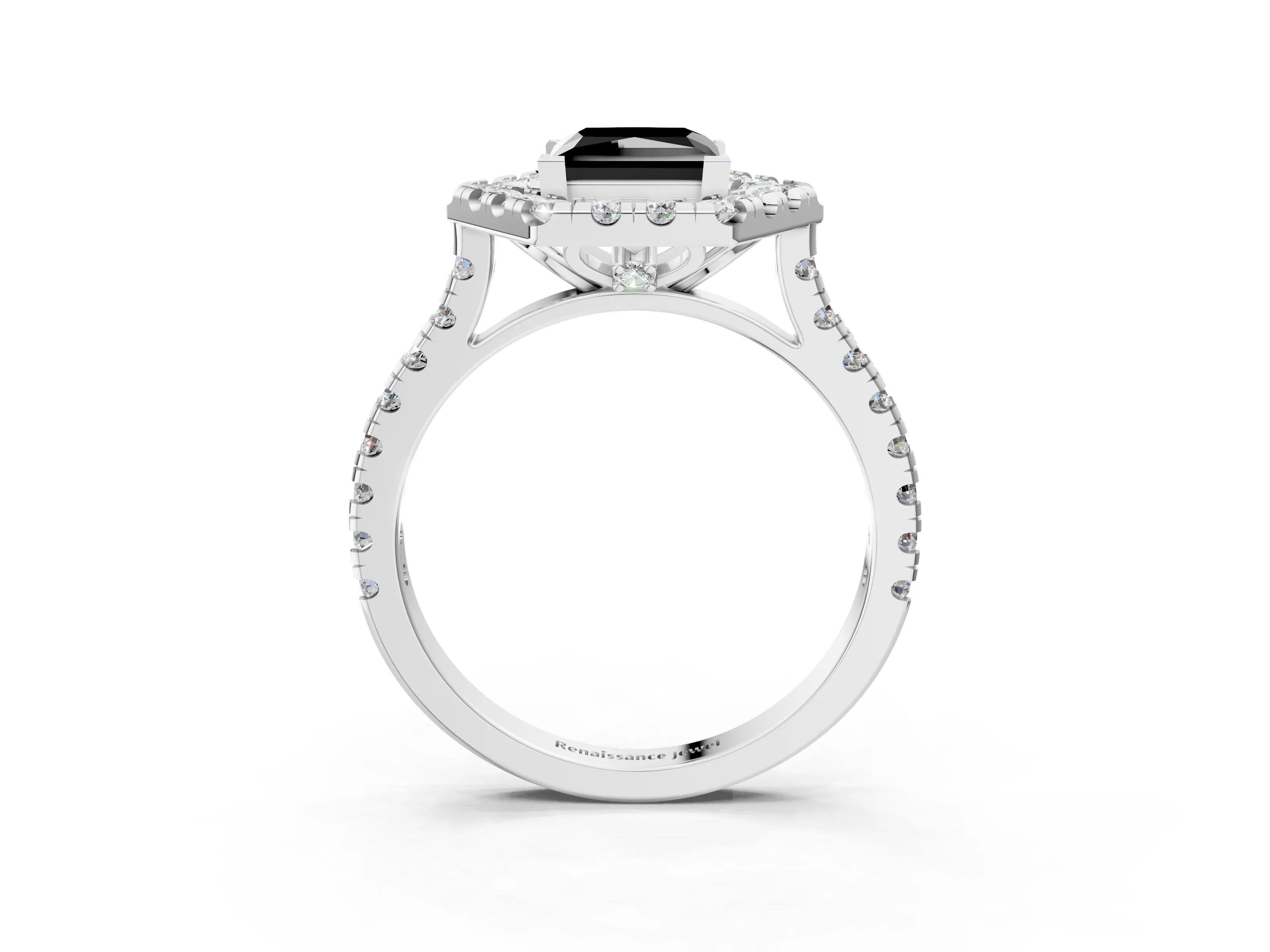 Silver Hexagonal Halo Fancy Black Princess Cut Diamond Pavé Band with Four-Prong Setting_15