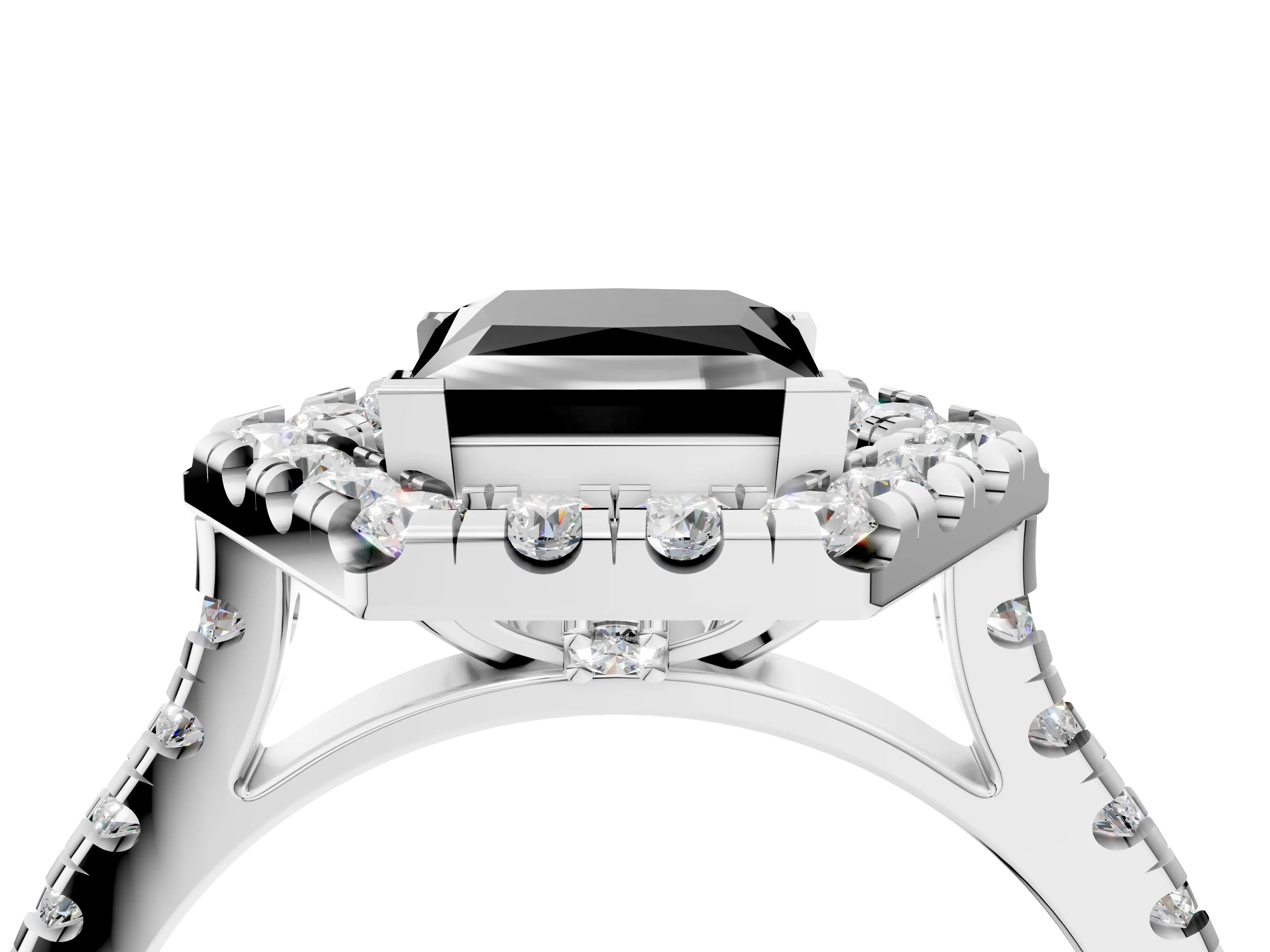 Silver Hexagonal Halo Fancy Black Princess Cut Diamond Pavé Band with Four-Prong Setting_16