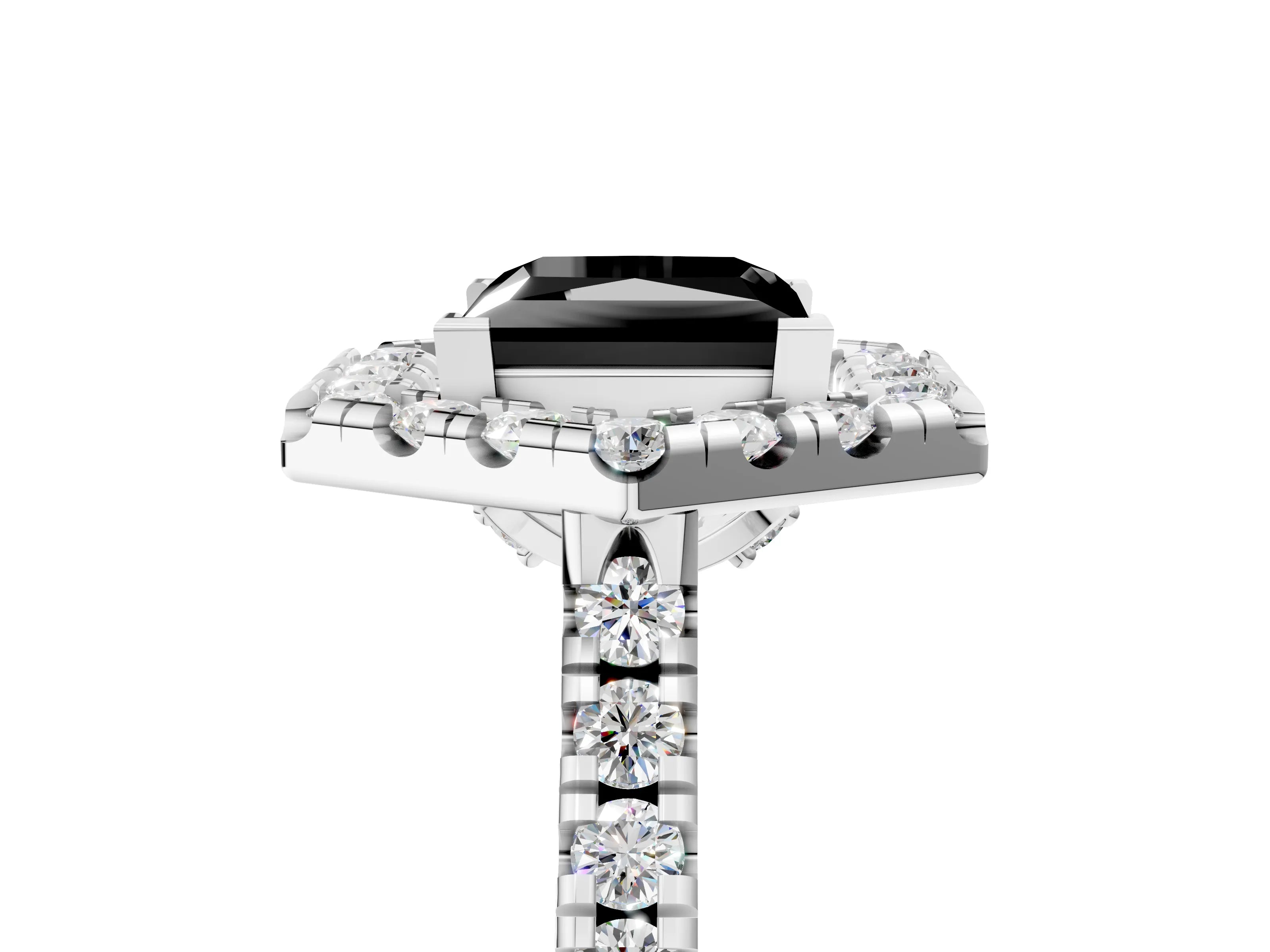 Silver Hexagonal Halo Fancy Black Princess Cut Diamond Pavé Band with Four-Prong Setting_17