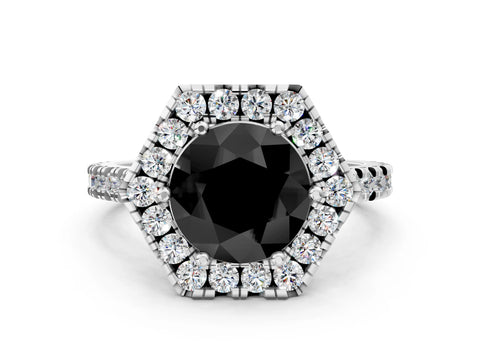 Silver Hexagonal Halo Fancy Black Round Cut Diamond Pavé Band with Four-Prong Setting_12
