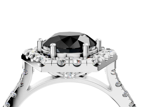 Silver Hexagonal Halo Fancy Black Round Cut Diamond Pavé Band with Four-Prong Setting_16