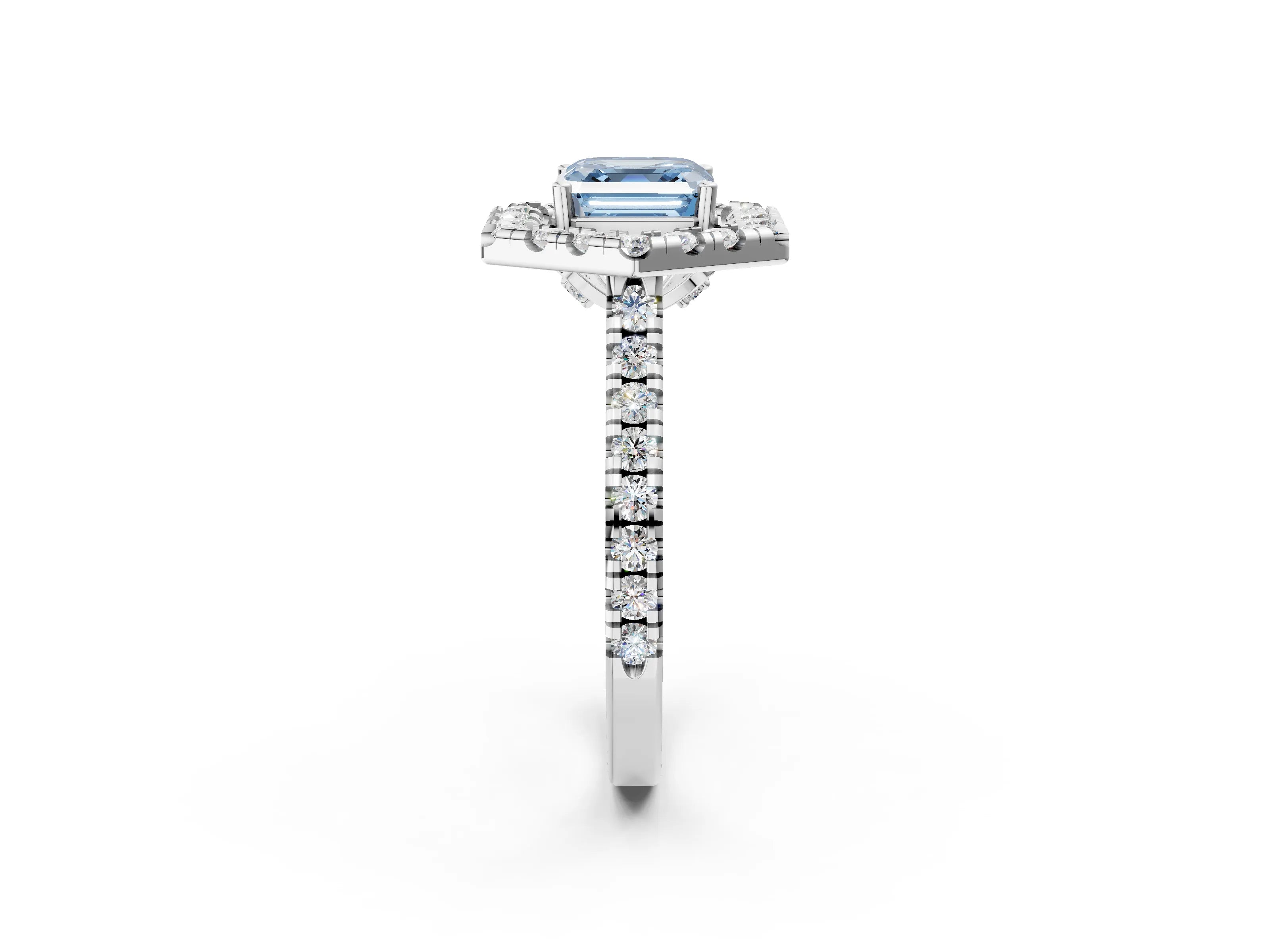 Silver Hexagonal Halo Fancy Blue Asscher Cut Diamond Pavé Band with Four-Prong Setting_8
