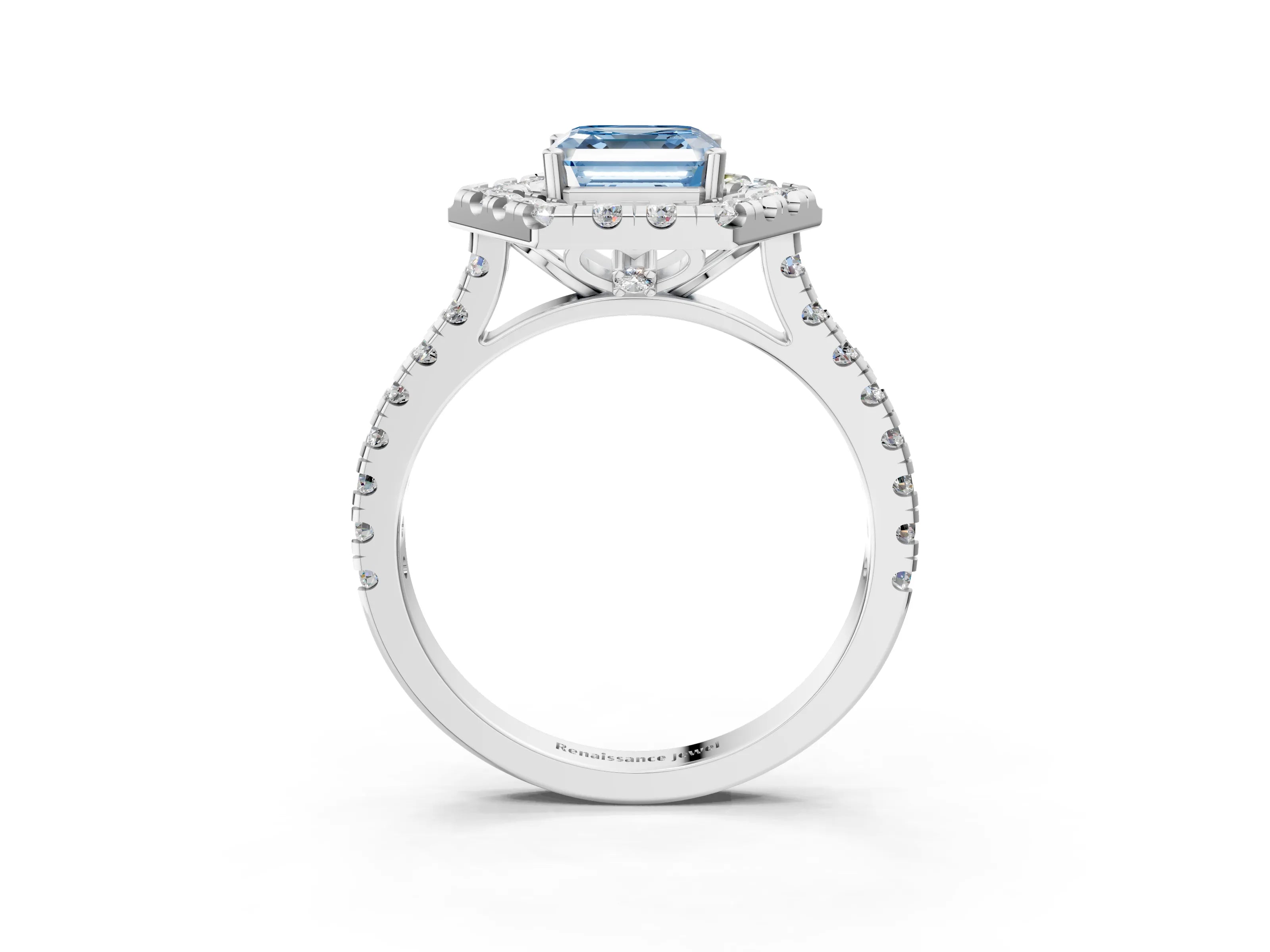 Silver Hexagonal Halo Fancy Blue Asscher Cut Diamond Pavé Band with Four-Prong Setting_9