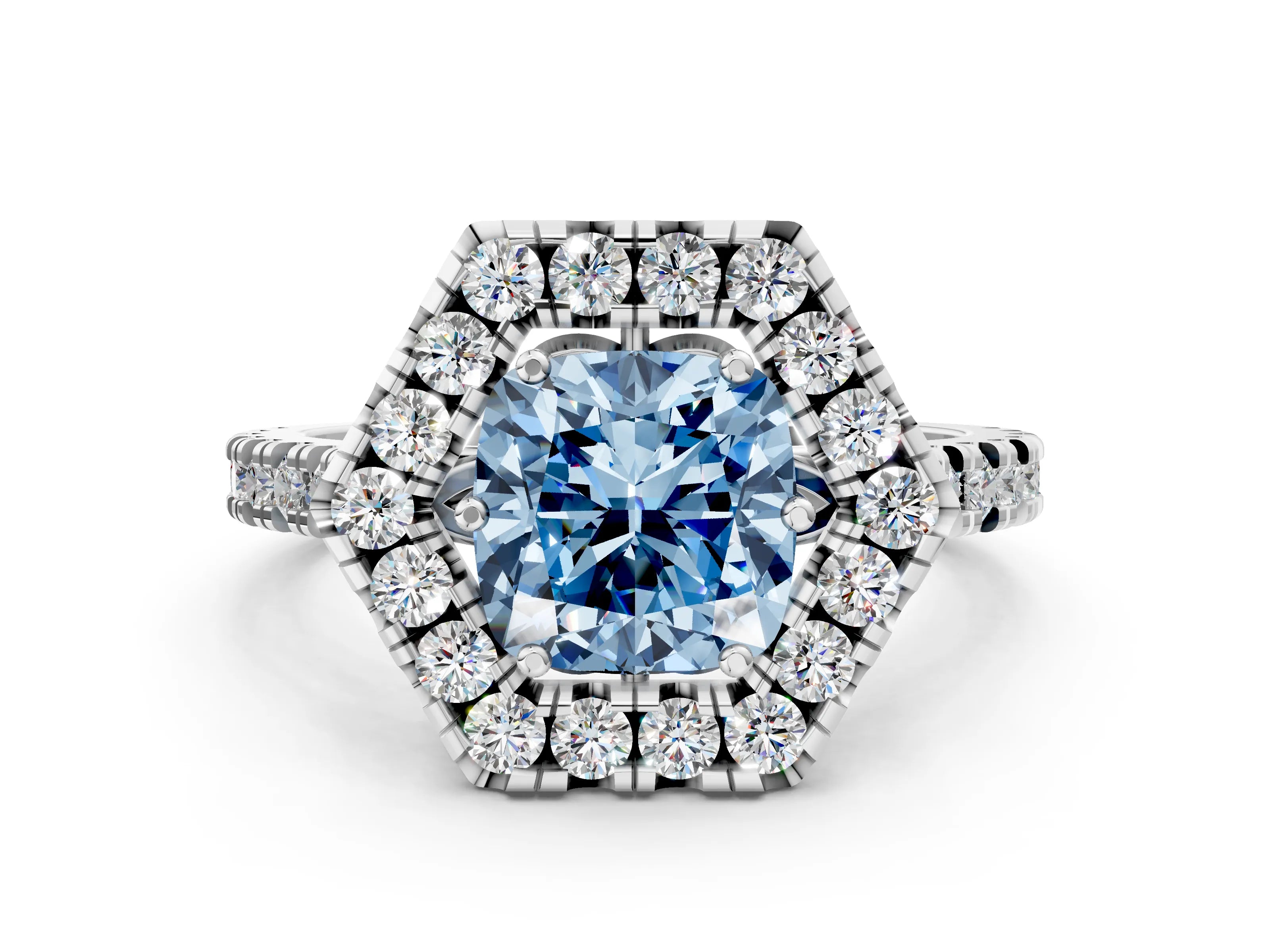 Silver Hexagonal Halo Fancy Blue Cushion Cut Diamond Pavé Band with Four-Prong Setting_12