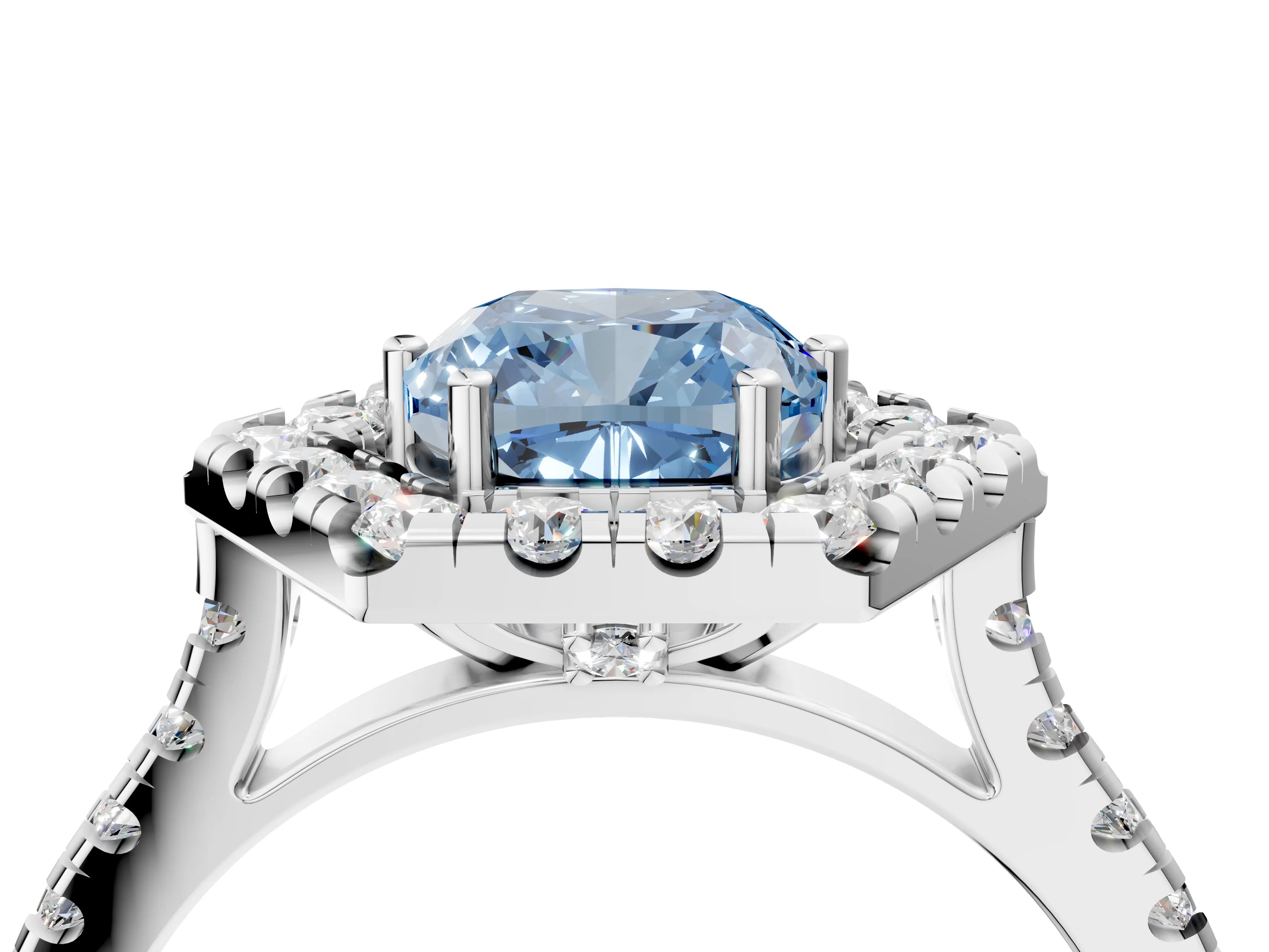 Silver Hexagonal Halo Fancy Blue Cushion Cut Diamond Pavé Band with Four-Prong Setting_16