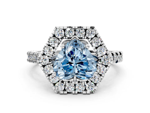 Silver Hexagonal Halo Fancy Blue Heart Cut Diamond Pavé Band with Four-Prong Setting_12
