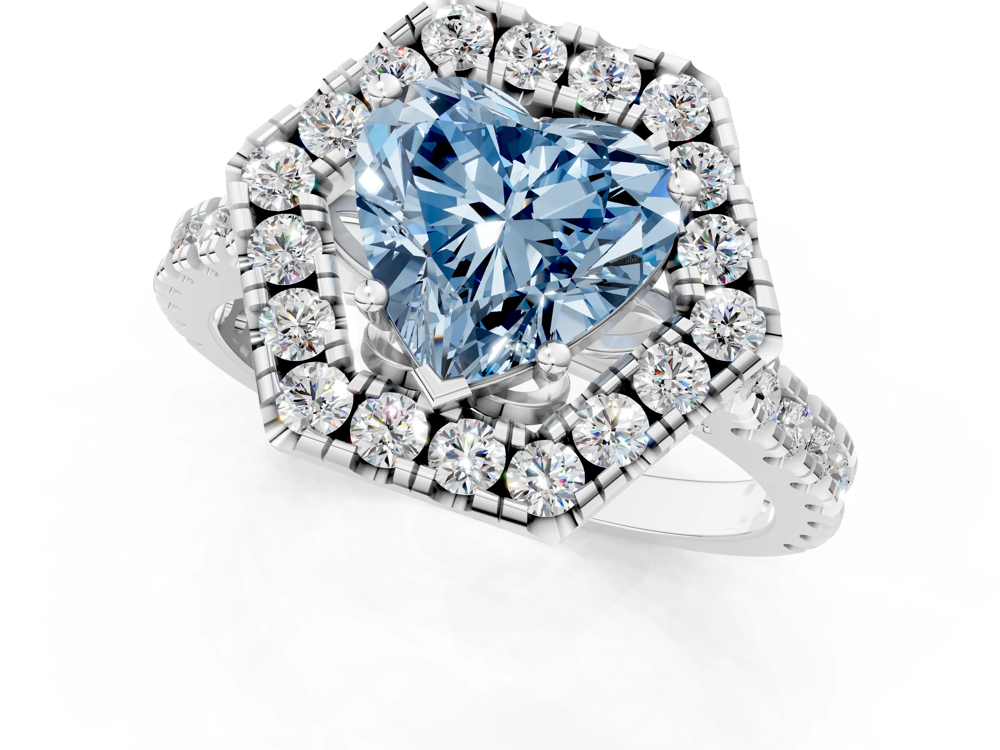 Silver Hexagonal Halo Fancy Blue Heart Cut Diamond Pavé Band with Four-Prong Setting_13