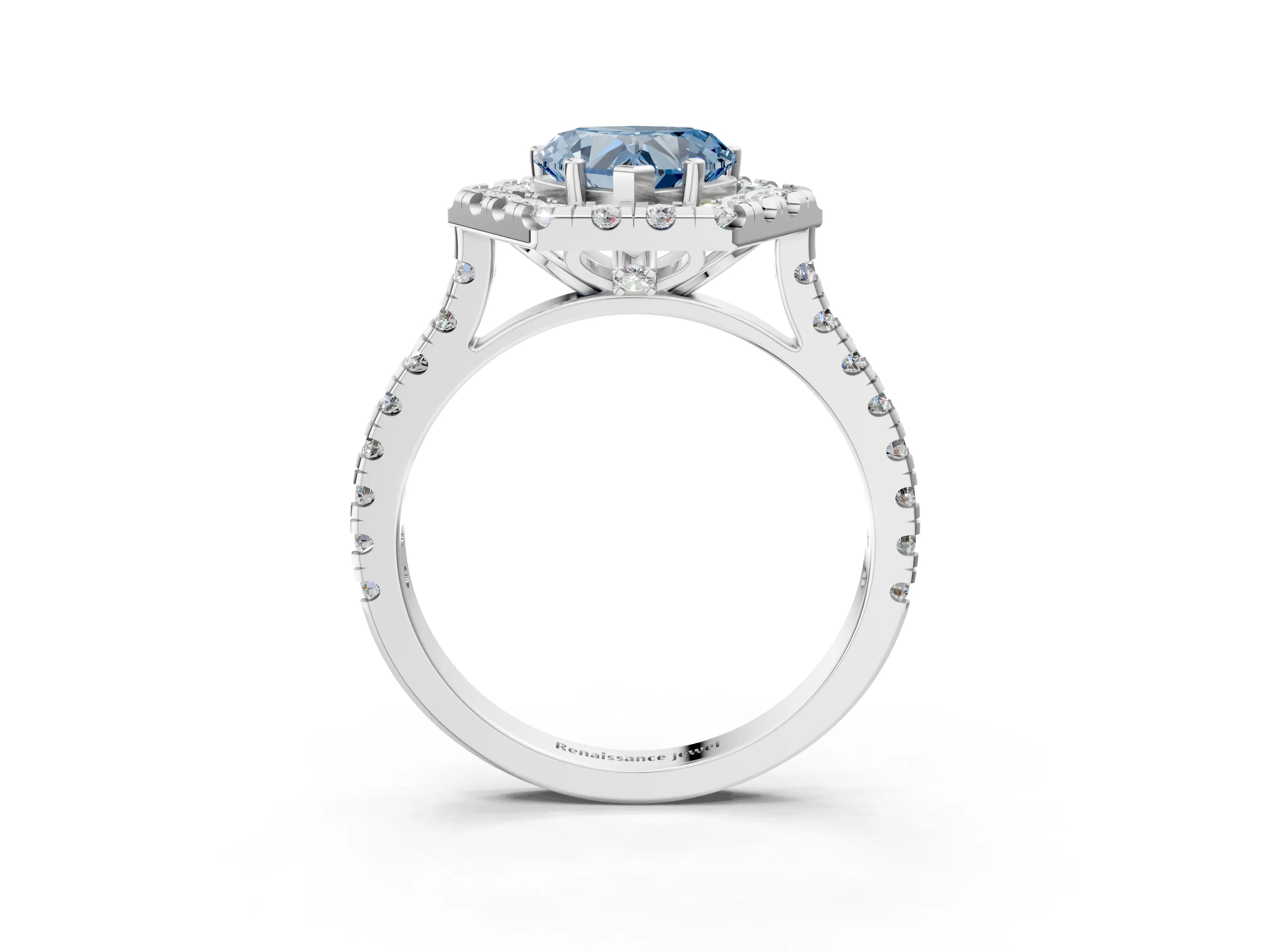 Silver Hexagonal Halo Fancy Blue Heart Cut Diamond Pavé Band with Four-Prong Setting_15