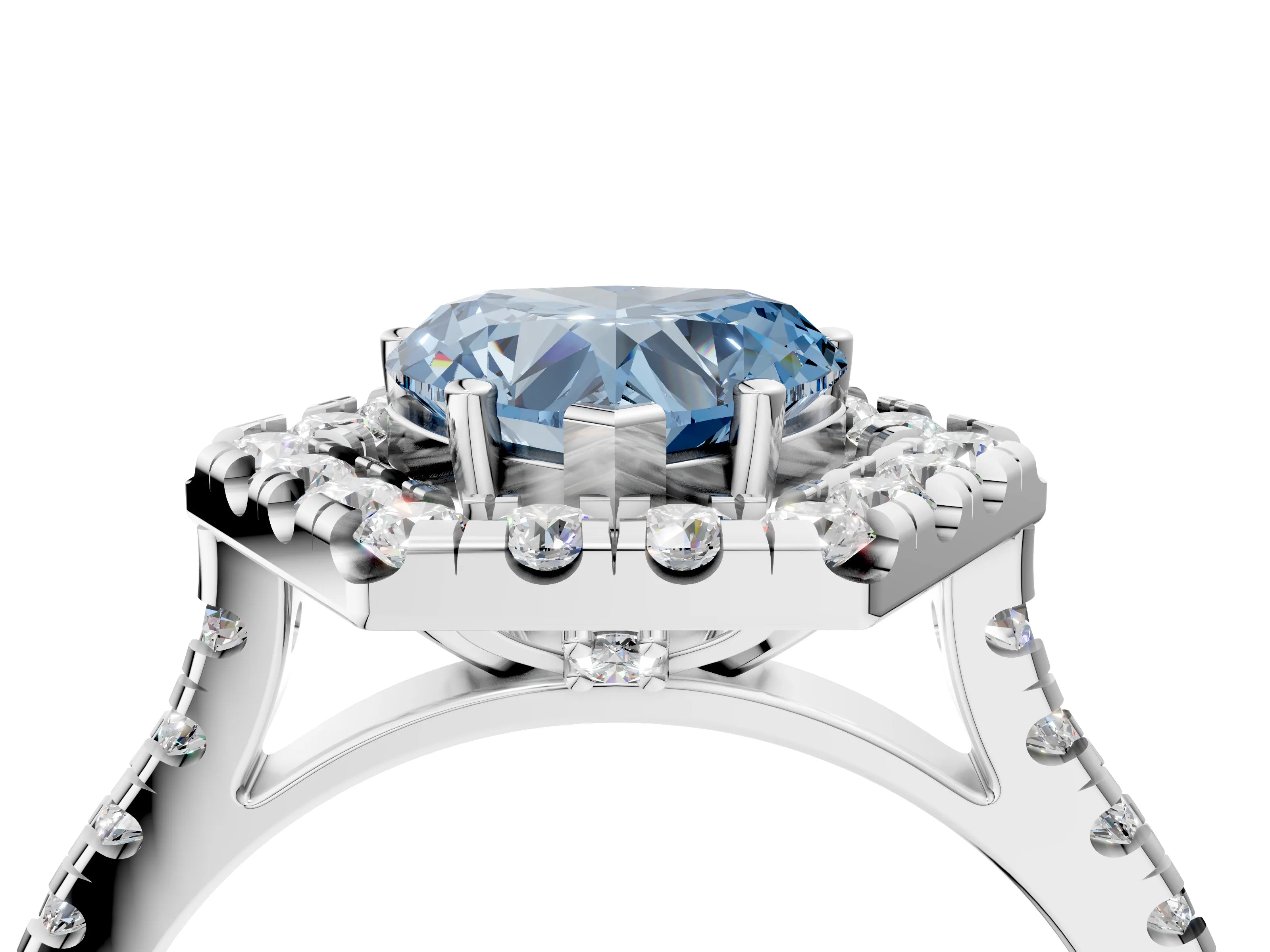 Silver Hexagonal Halo Fancy Blue Heart Cut Diamond Pavé Band with Four-Prong Setting_16