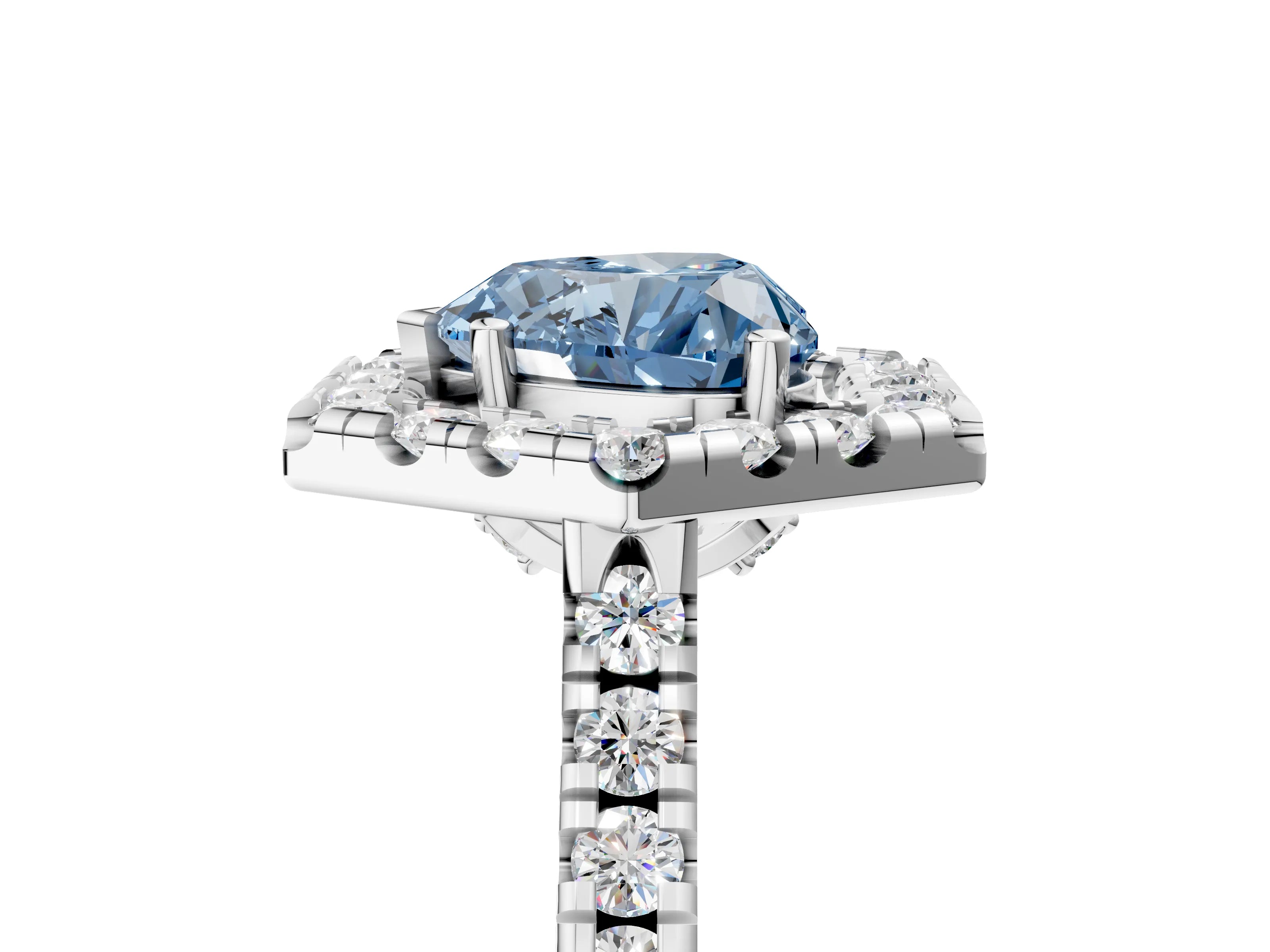 Silver Hexagonal Halo Fancy Blue Heart Cut Diamond Pavé Band with Four-Prong Setting_17
