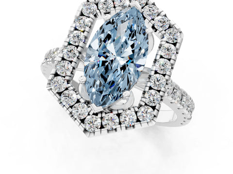 Silver Hexagonal Halo Fancy Blue Marquise Cut Diamond Pavé Band with Four-Prong Setting_13