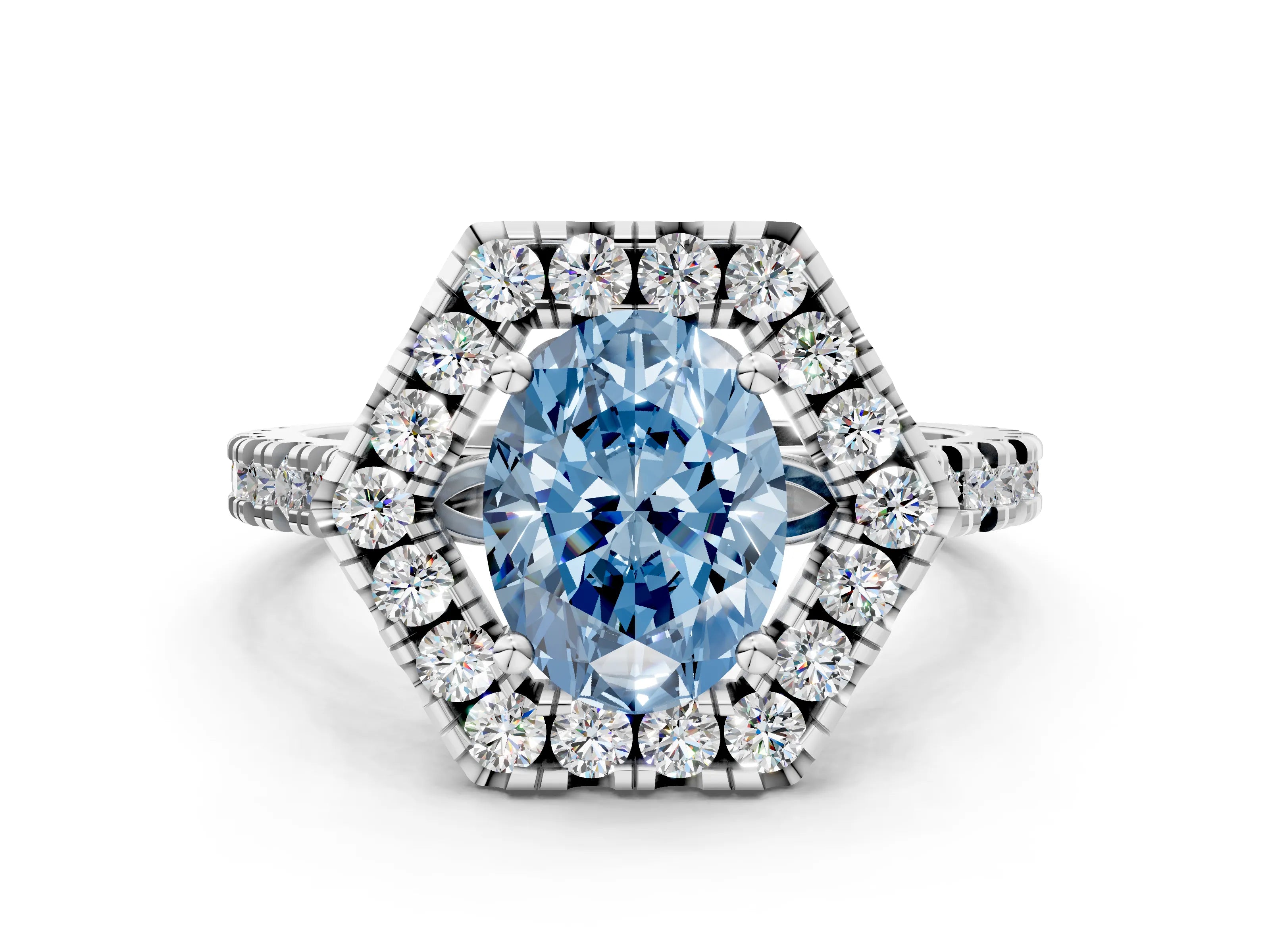 Silver Hexagonal Halo Fancy Blue Oval Cut Diamond Pavé Band with Four-Prong Setting_12