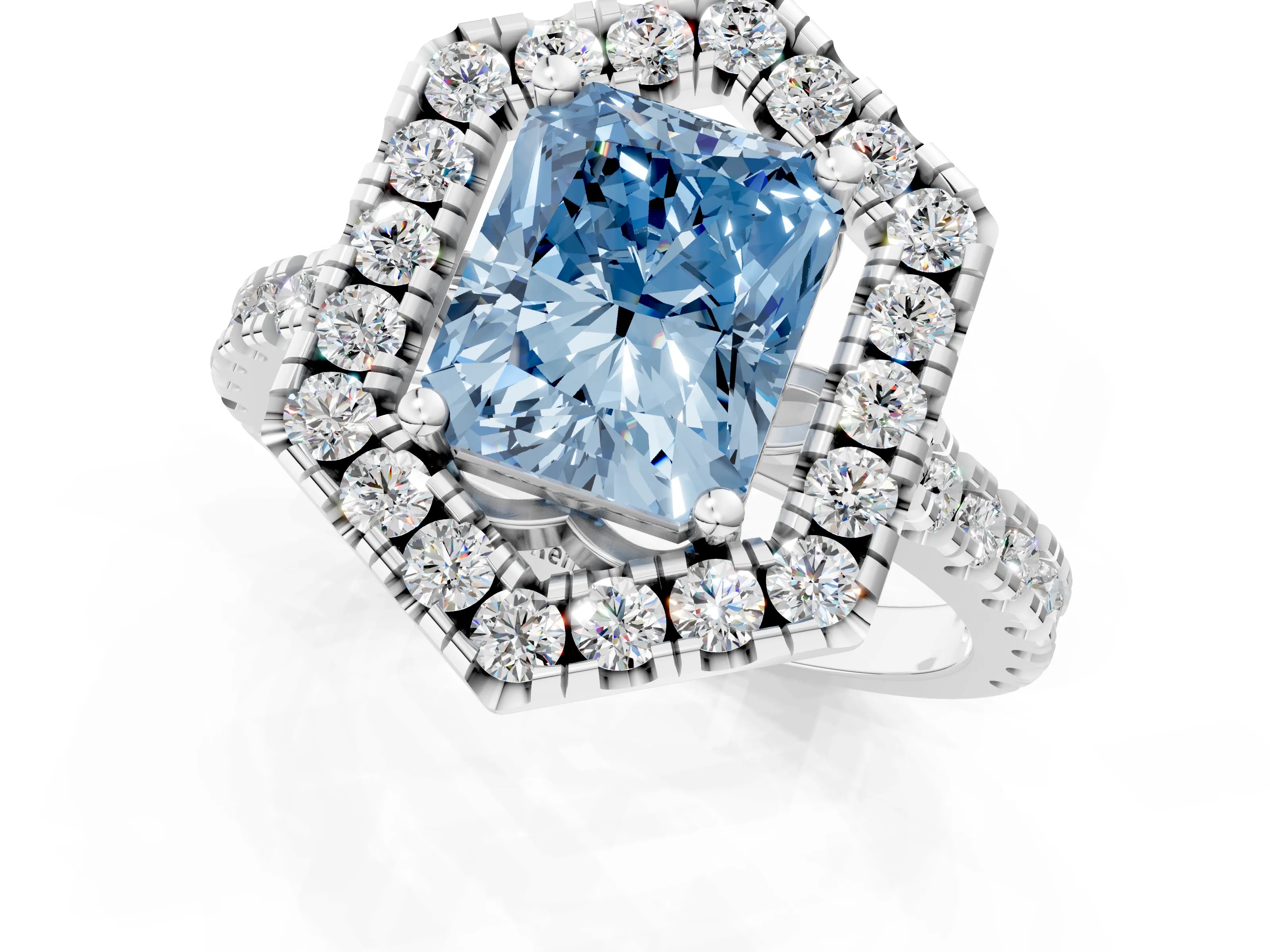 Silver Hexagonal Halo Fancy Blue Radiant Cut Diamond Pavé Band with Four-Prong Setting_7