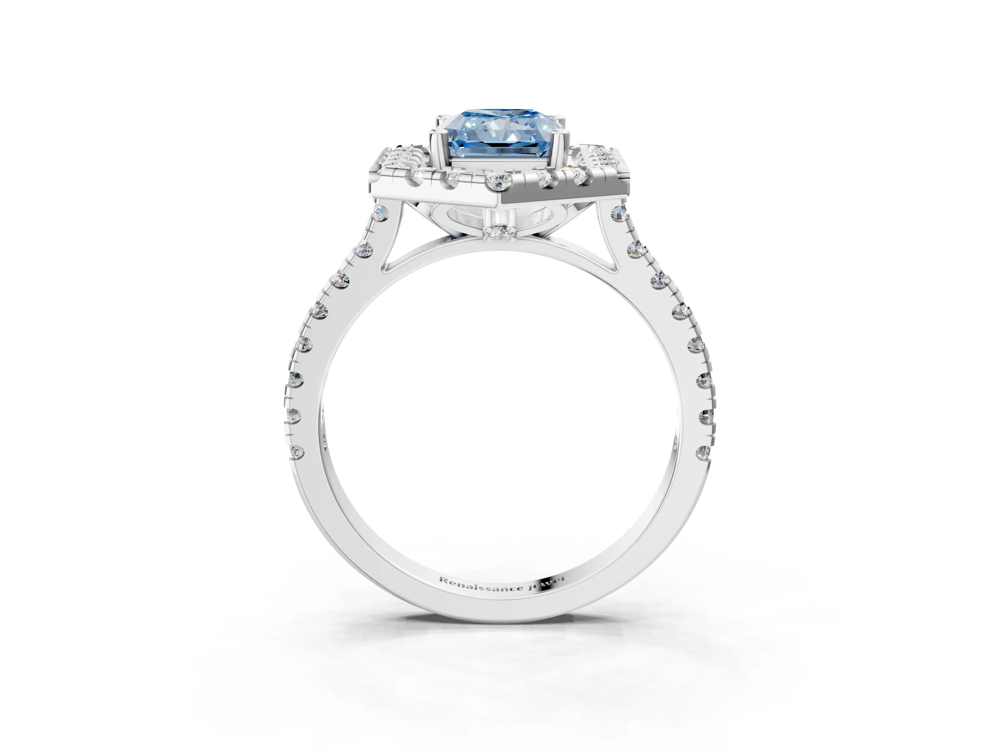 Silver Hexagonal Halo Fancy Blue Radiant Cut Diamond Pavé Band with Four-Prong Setting_9