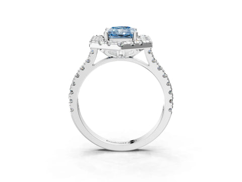 Silver Hexagonal Halo Fancy Blue Radiant Cut Diamond Pavé Band with Four-Prong Setting_9