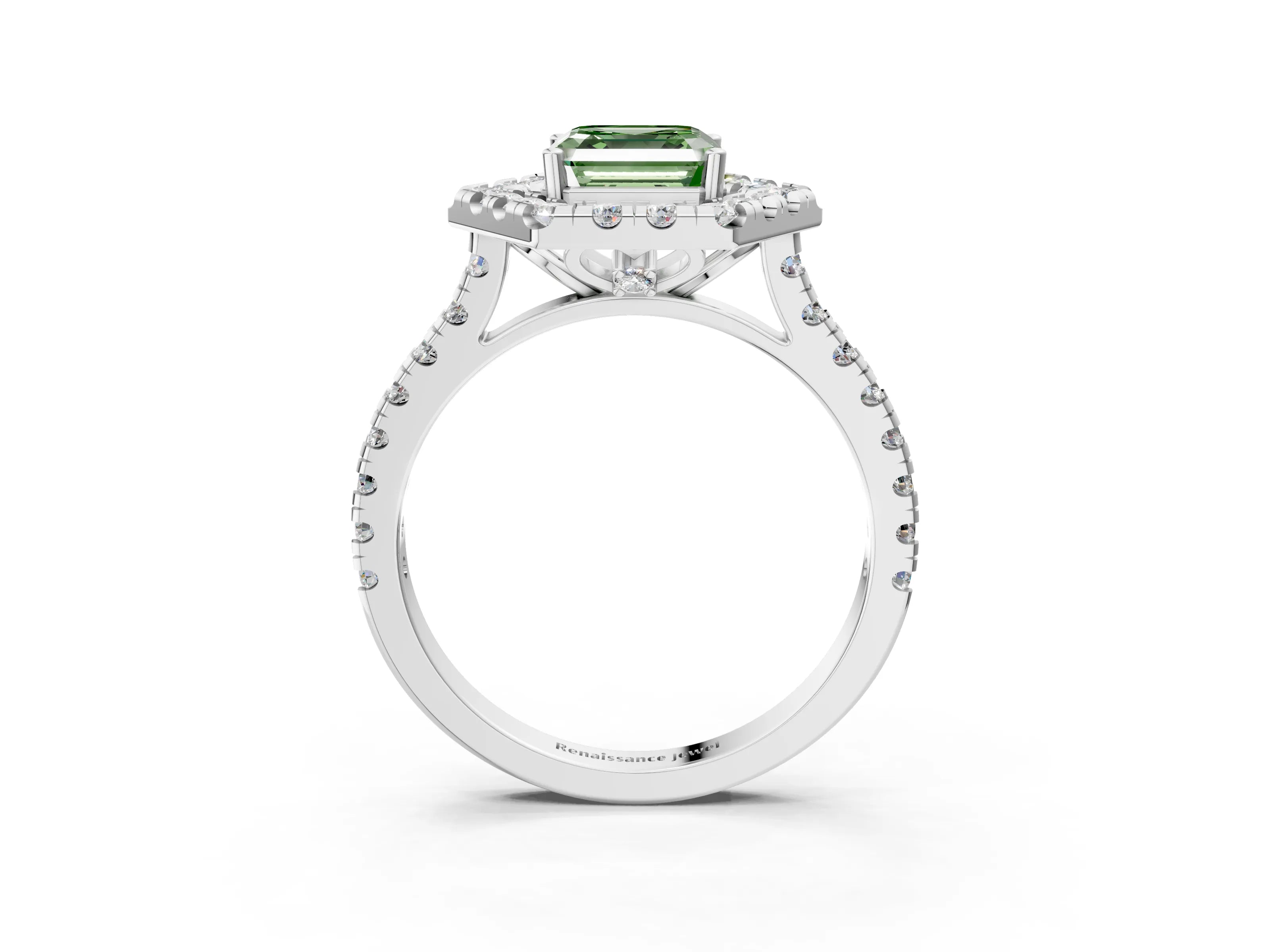 Silver Hexagonal Halo Fancy Green Asscher Cut Diamond Pavé Band with Four-Prong Setting_15