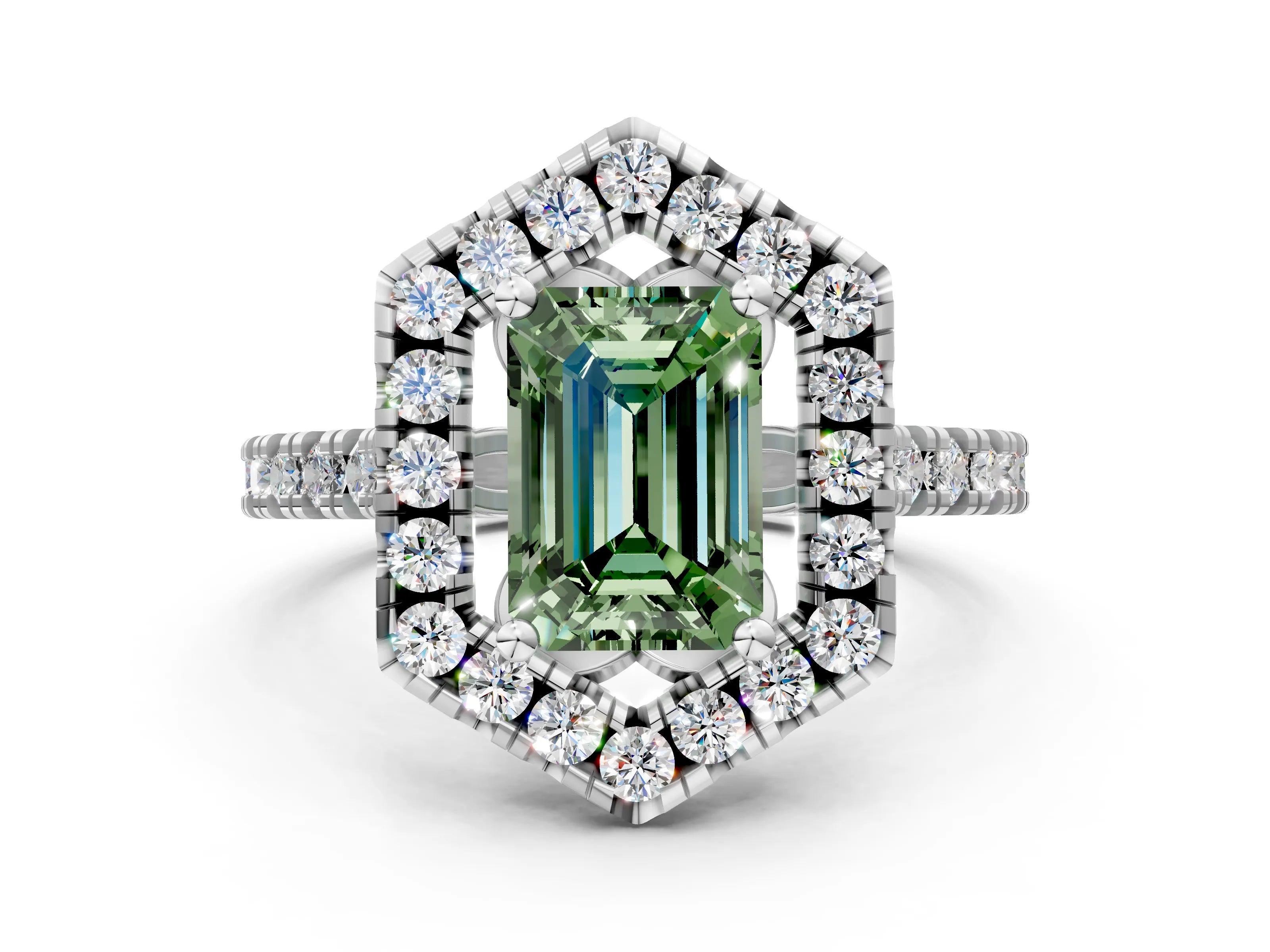 Silver Hexagonal Halo Fancy Green Emerald Cut Diamond Pavé Band with Four-Prong Setting_36