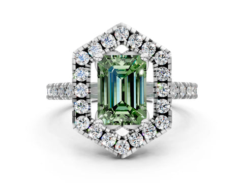 Silver Hexagonal Halo Fancy Green Emerald Cut Diamond Pavé Band with Four-Prong Setting_36