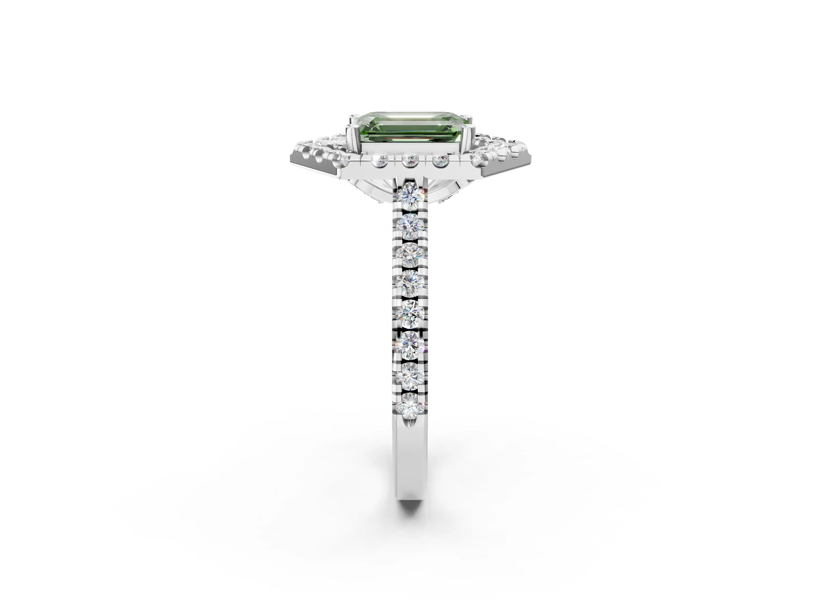 Silver Hexagonal Halo Fancy Green Emerald Cut Diamond Pavé Band with Four-Prong Setting_38