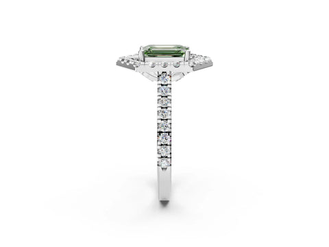 Silver Hexagonal Halo Fancy Green Emerald Cut Diamond Pavé Band with Four-Prong Setting_38