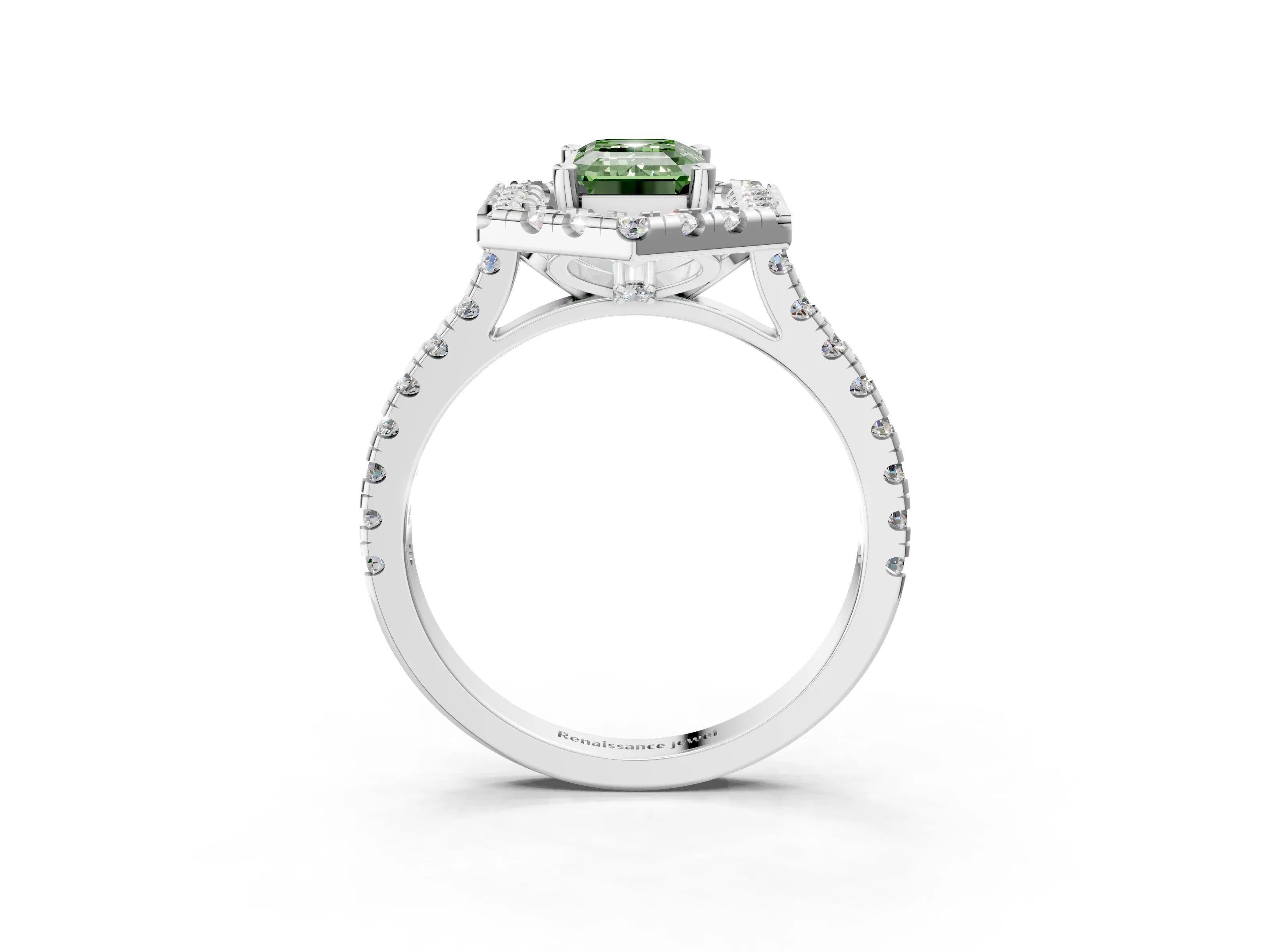 Silver Hexagonal Halo Fancy Green Emerald Cut Diamond Pavé Band with Four-Prong Setting_39